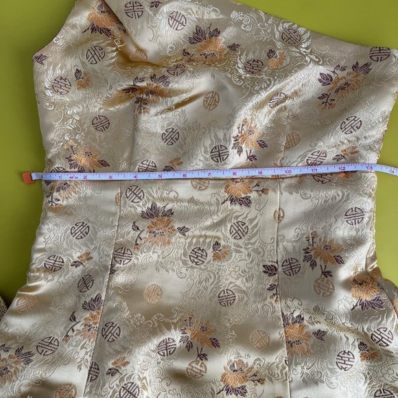 One Shoulder Formal Gown, Gold and Maroon Metallic Floral Brocade, Size 1/3 - Picture 15 of 15